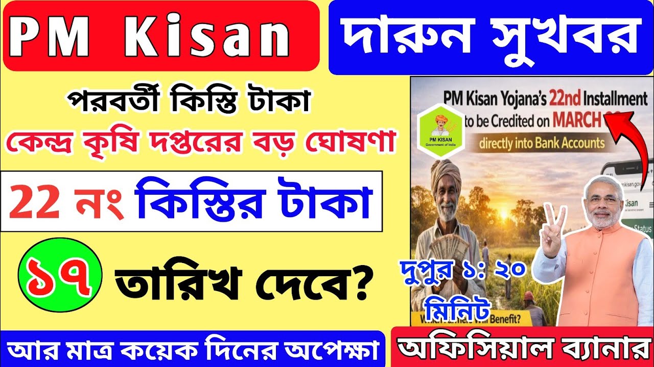 PM Kisan 22th installment officially date released। পি এম কিষাণ ২২ তম কিস্তির টাকা কবে দেবে।PM Kisan