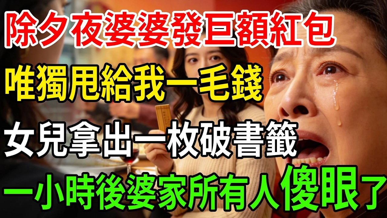 除夕夜婆婆發巨額紅包，唯獨甩給我一毛錢，女兒拿出我送的破書籤，一小時後婆家傻眼了#一帆說故事 #為人處世 #生活經驗 #情感 #故事 #彩礼#深夜淺讀