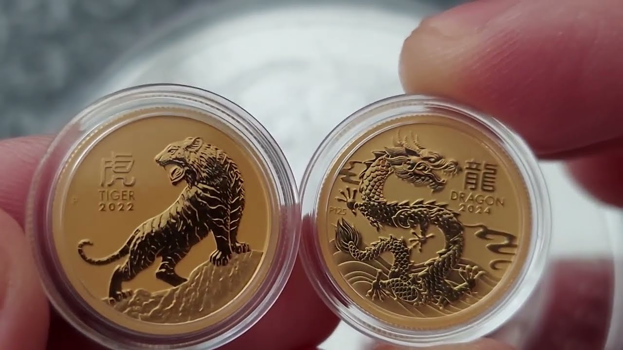 Stacking Gold Lunar Dragon and Tudor Unicorn Coins