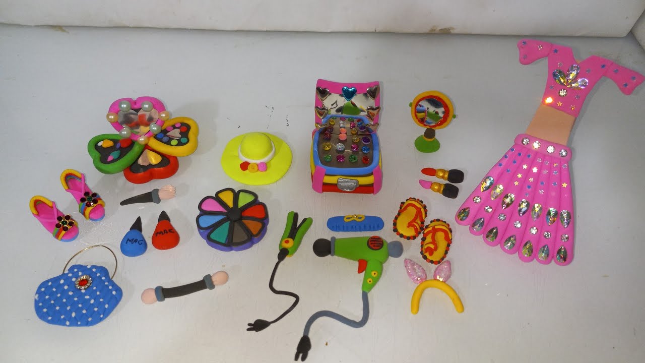 DIY how to make polymer clay miniature makeup set with pink dress,shoes,eyeshadow,bag | makeup kit