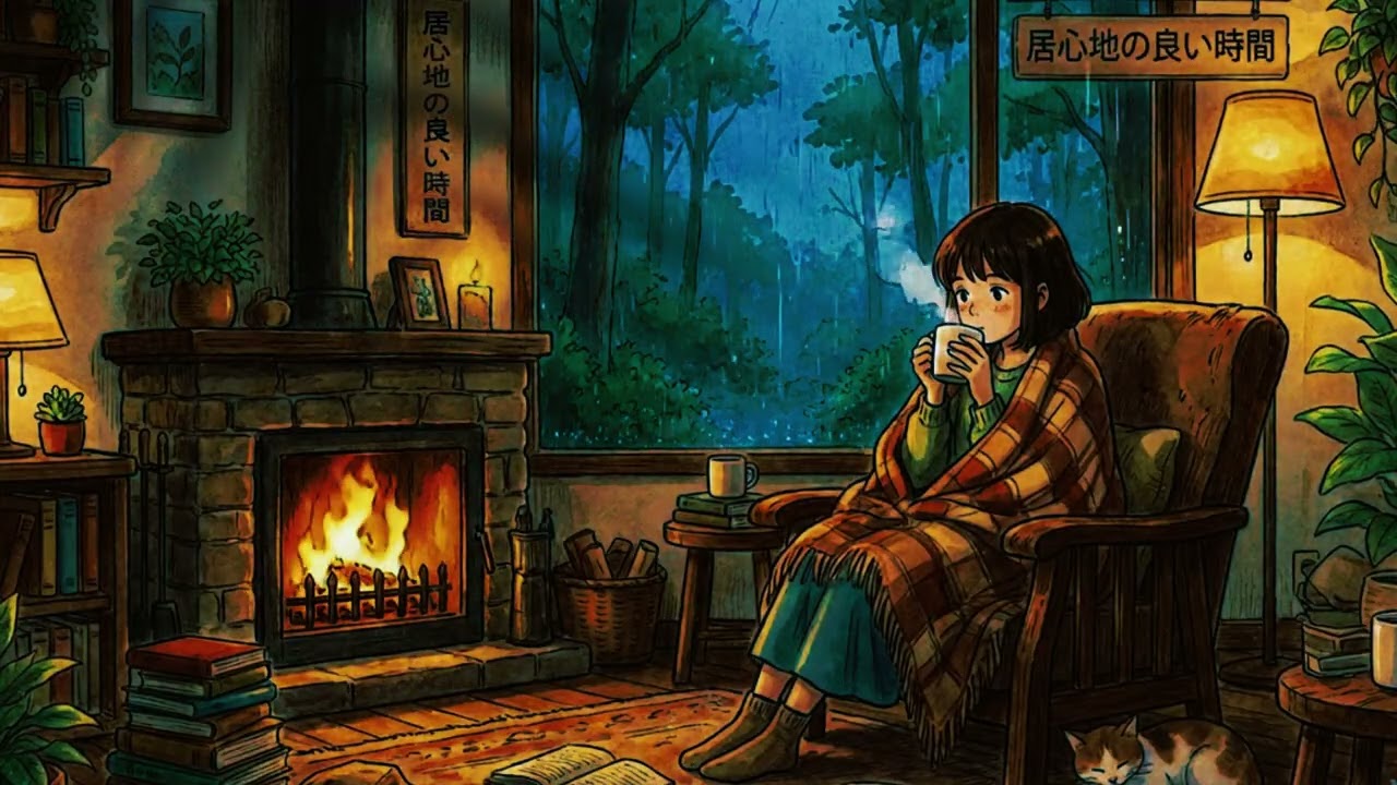 Rainy Night with sleepy cat – Cozy Lofi for Reading & Relaxation 🌧️🔥🐾