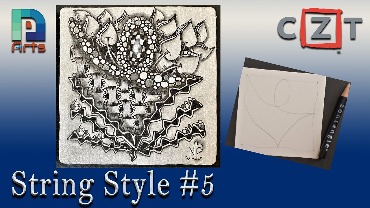 Zentangle&reg; art - String Style #5  - CZT - Tangles - Rain, Huggins, Tipple,  Knightsbridge, Poke leaf