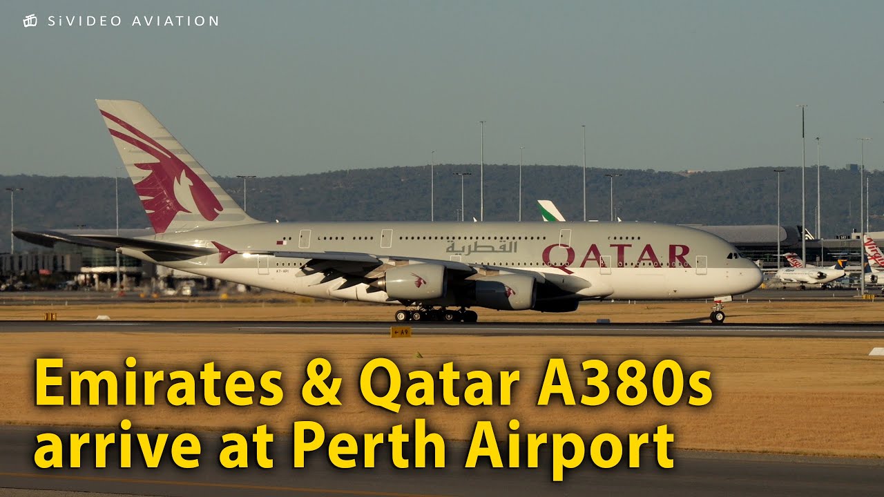 Emirates (A6-EEH) and Qatar Airways (A7-API) arriving on RW21 at Perth Airport.