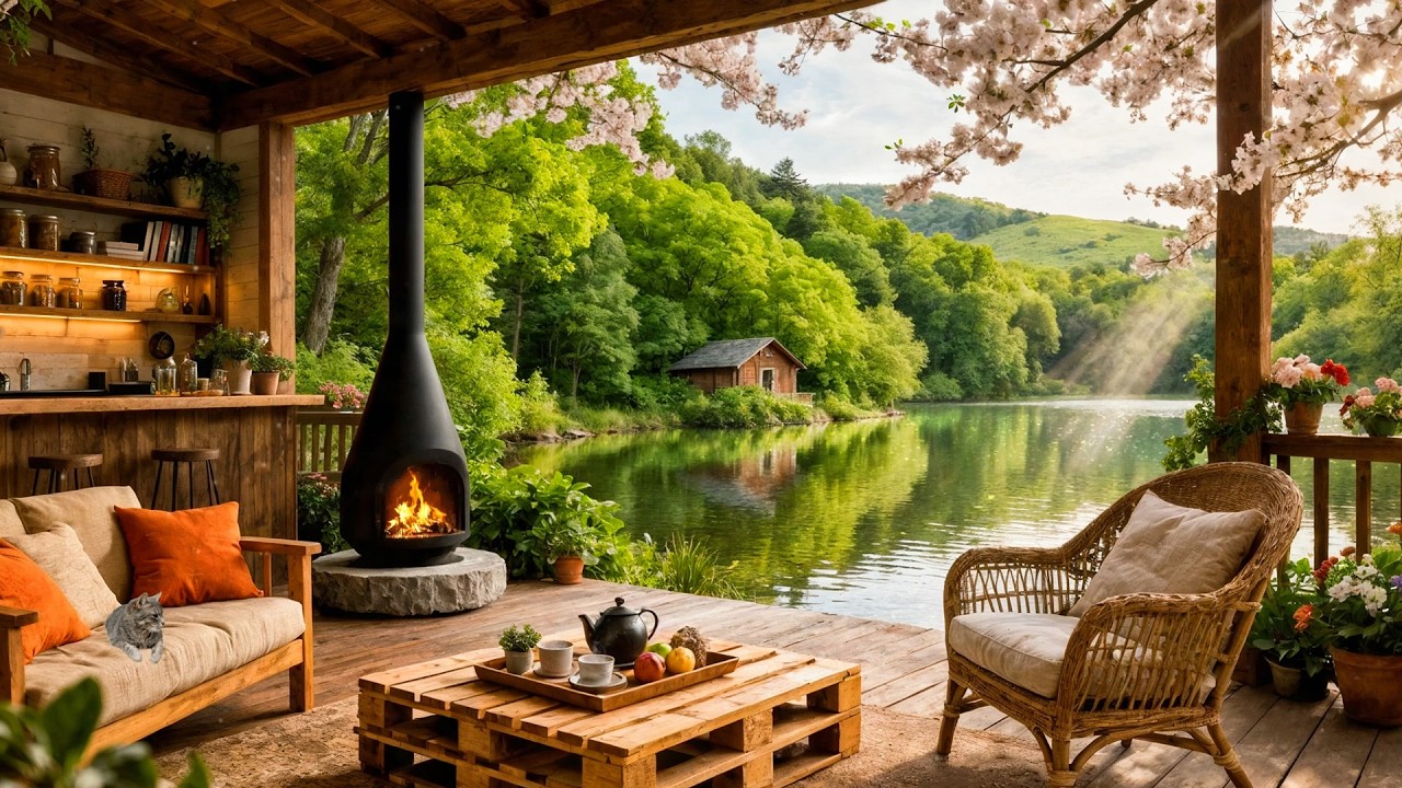 Cozy Lakeside on a Spring Morning 🌿  The crackling of the fireplace & breeze for Deep Sleep & Focus