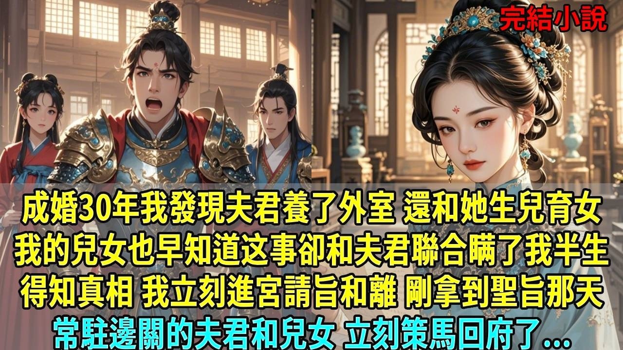 成婚30年，我發現夫君養了外室，還和她生兒育女。我的兒子女兒也早知道這事，卻和夫君聯合欺騙了我半生。得知真相我進宮請旨和離，剛拿到聖旨，常駐邊關的夫君和兒女策馬回府了...#爽文#古言#打臉#小說