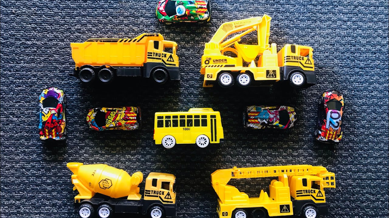 Bermain mainan mobil truk Molen, koleksi truk excavator, truk pasir, truk tangga, bus tayo, balap