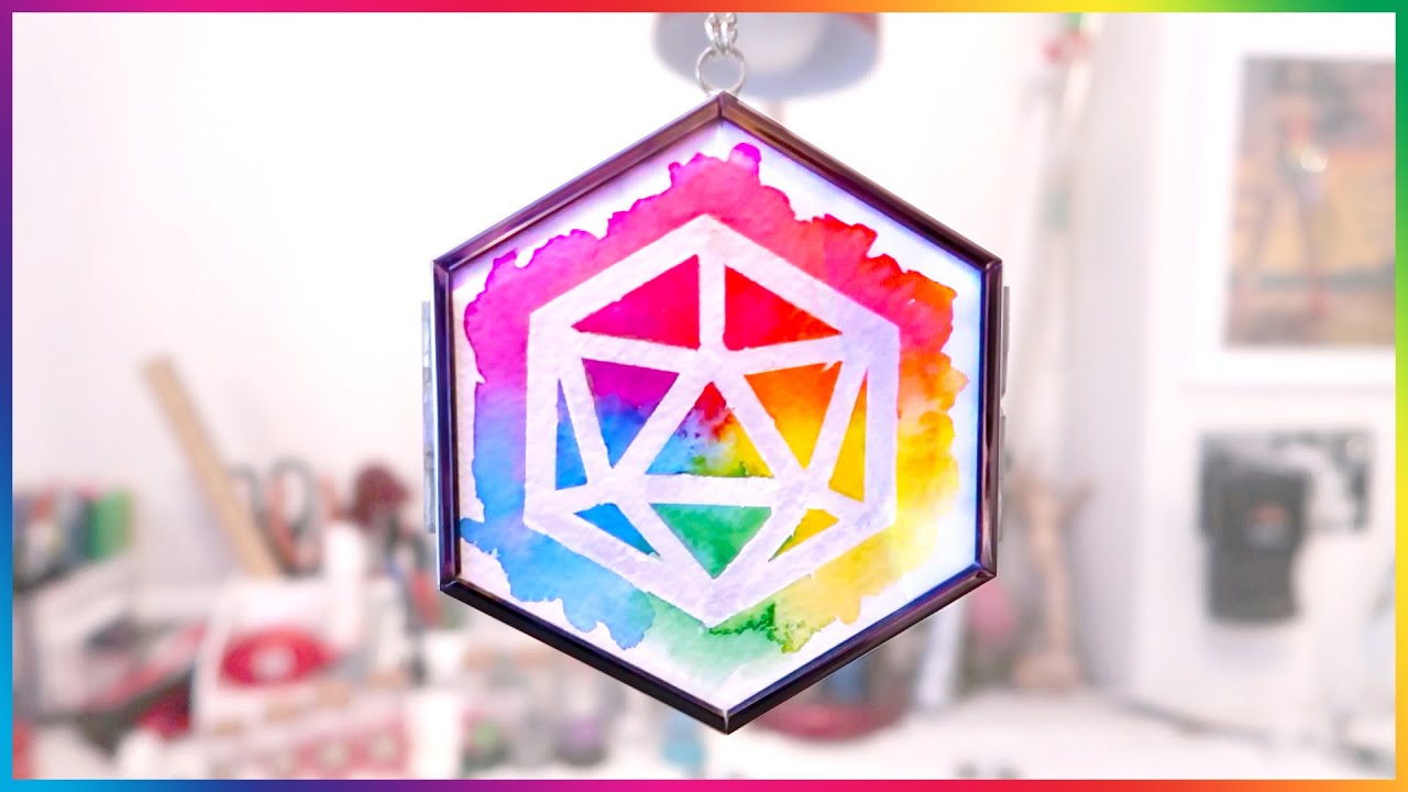 Rainbow watercolour STENCIL ART in a hexagon frame