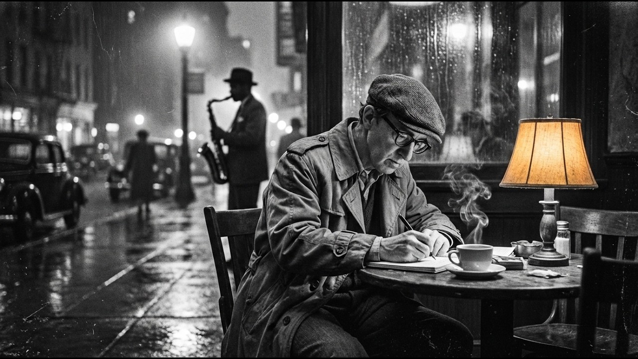 Woody Allen Writing a Film at a Manhattan Jazz Café – 1930s Vintage Jazz