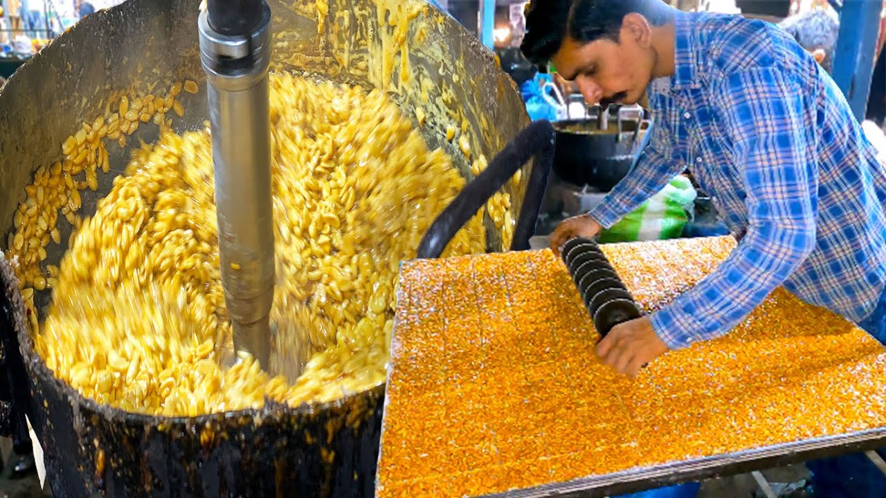 Live Peanut Chikki Making At Roadside | Food Processing Moongfali Jaggery Bar Recipe | Street Food