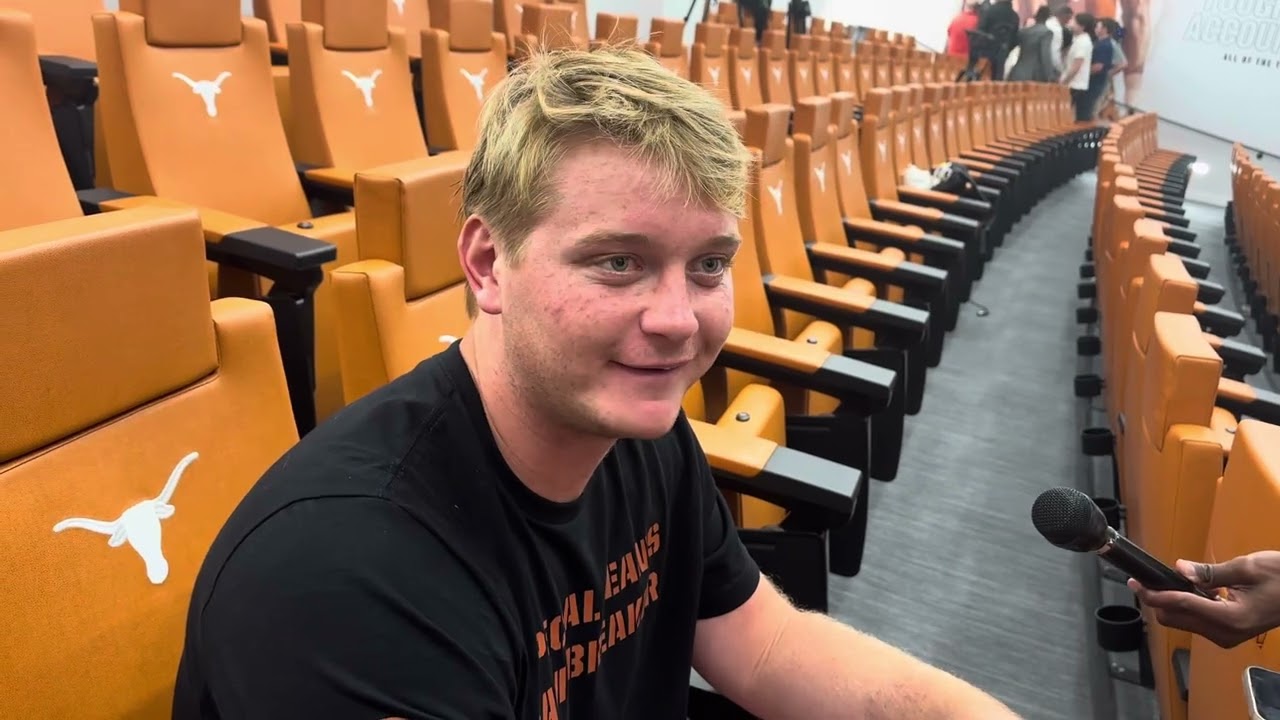 DE Ethan Burke talks to media after Texas football's 38-7 win over San Jose State 