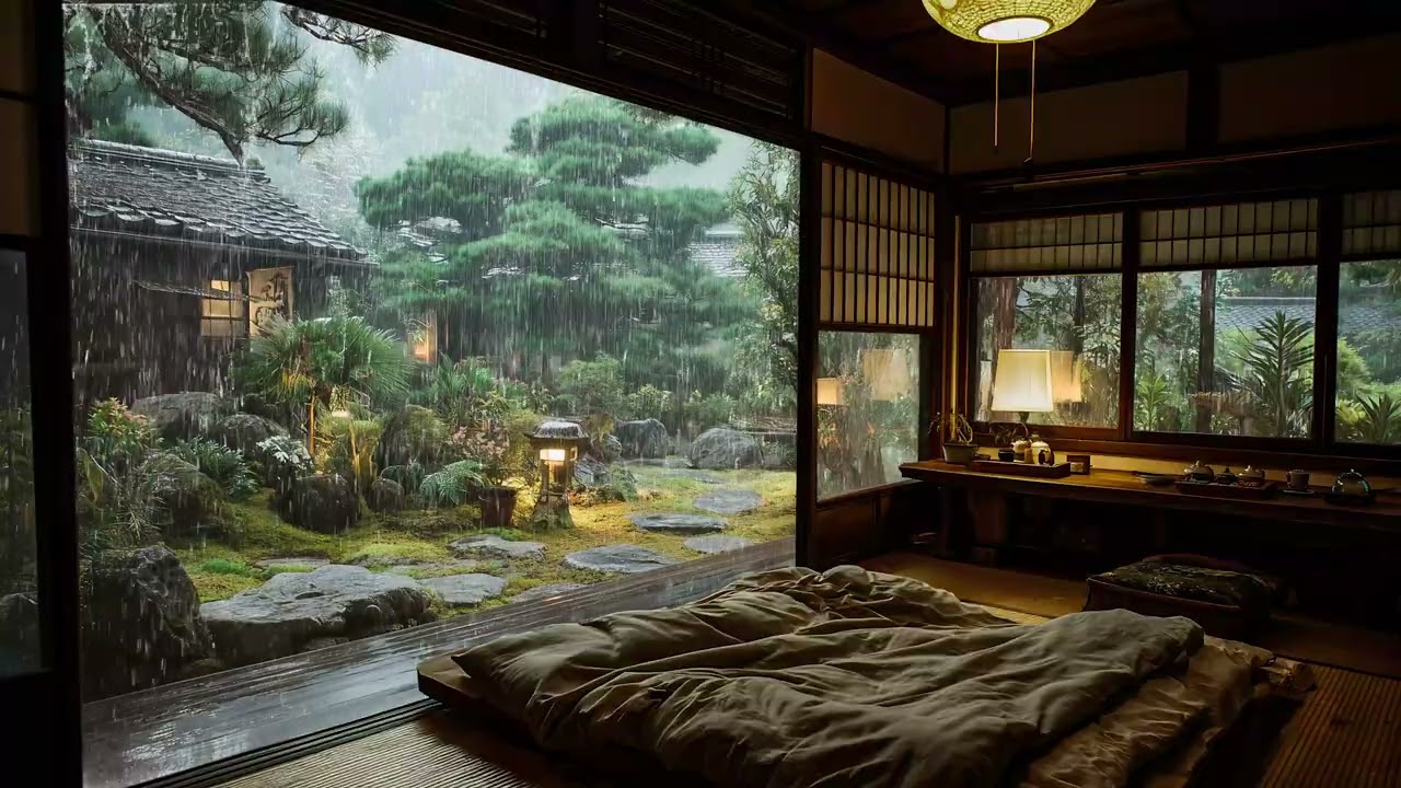 Soft rain piano sleep music warm room serene rainy day background ambience