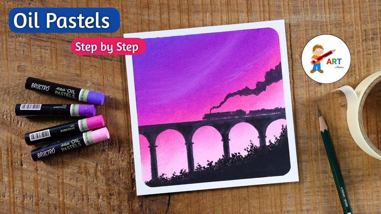 A Train on Bridge in Morning / Drawing with Oil Pastels / Step by Step