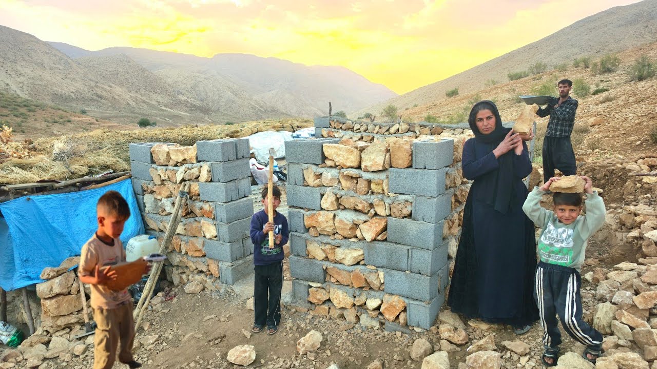 Nomadic Life in Iran🔥Building a Stone Shelter to Survive in the Mountains+A Cold Mountain Night 🏔️