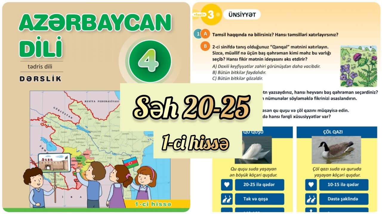4-cü sinif Azərbaycan dili dərslik səh 20,21,22,23,24,25. 1-ci hissə. Tənha qu quşu. Gicitkən