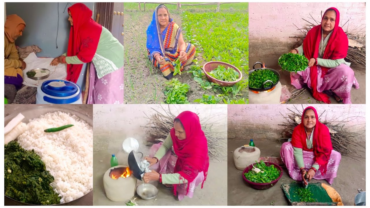 खेत से सीधी थाली में: पालक, सरसो और बथुवा का स्वादिष्ट साग चूल्हे का लाजवाब गरम साग-चावल गाँव का दिन