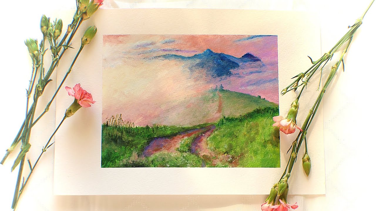 Foggy landscape painting from photo/foggy morning in a field