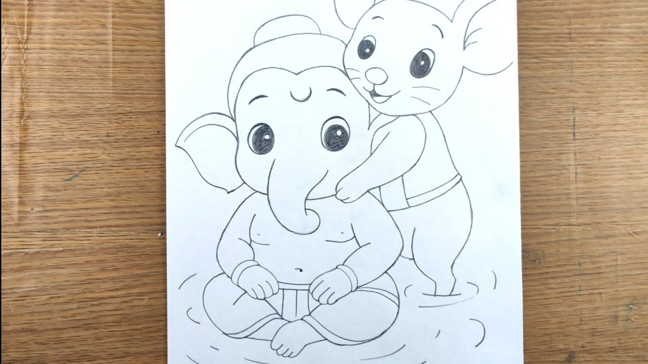 Lord  bal ganesha and mosak raja easy outline pencil drawing | ganpati bappa art 