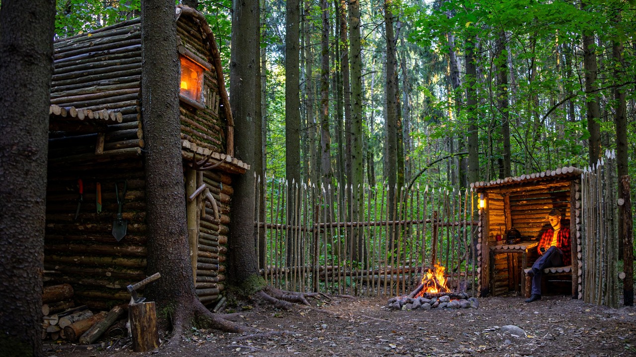 Bushcraft Survival Cabin Upgrade | Adding Palisade Fence and Outdoor Kitchen
