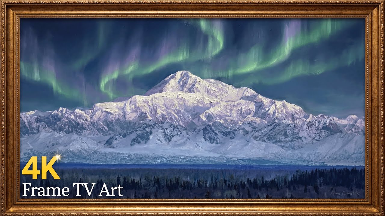 Aurora Over Denali Oil Painting | Gold Frame TV Art Screensaver | 2 Hours