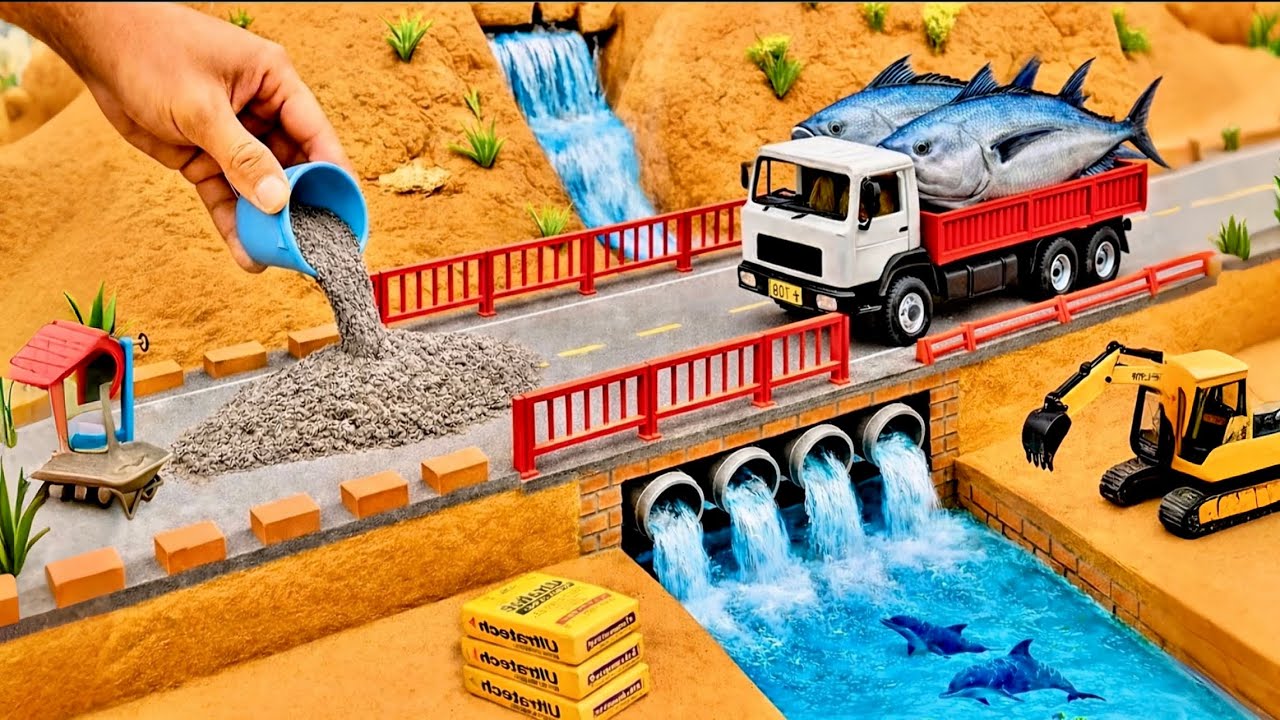DIY Mini Tractor Builds a Strong Brick and Concrete Bridge for Trucks After a Crocodile Destroyed It
