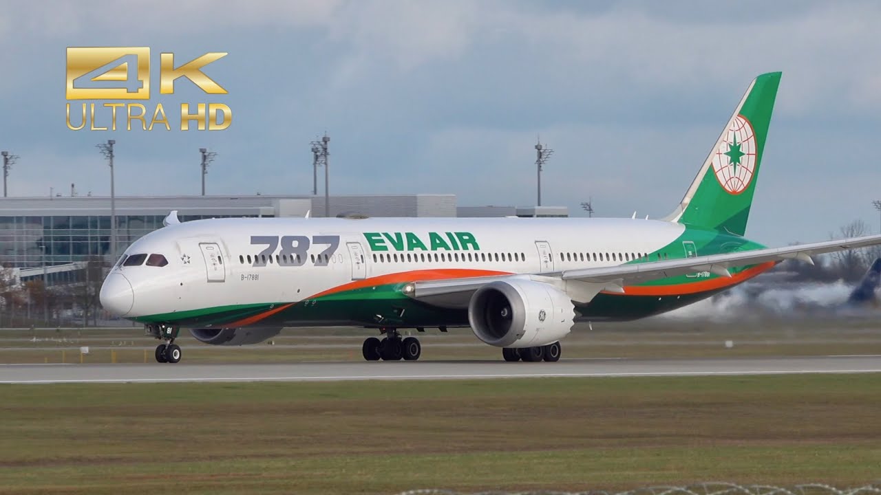 (4K) Boeing 787-9 Dreamliner from EVA Air B-17881 departure at Munich Airport MUC EDDM