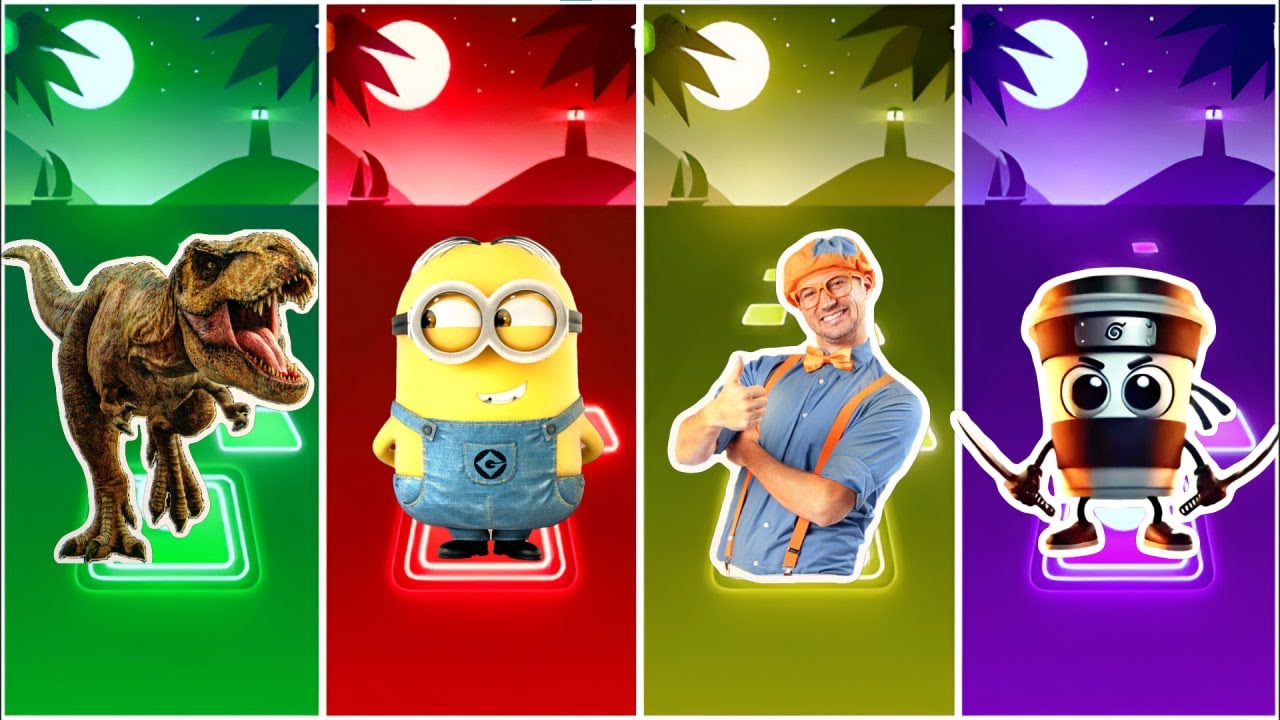 T-rex Dinasour 🆚 Minions 🆚 Bilippi 🆚 Ballerina Capuccino | Who Is Best?🎯 in Tiles Hop EDM Rush🎶