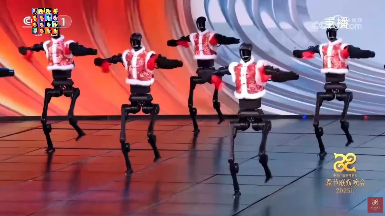 Chinese Robot dance in 2025 Chinese New Year gala with traditional clothes