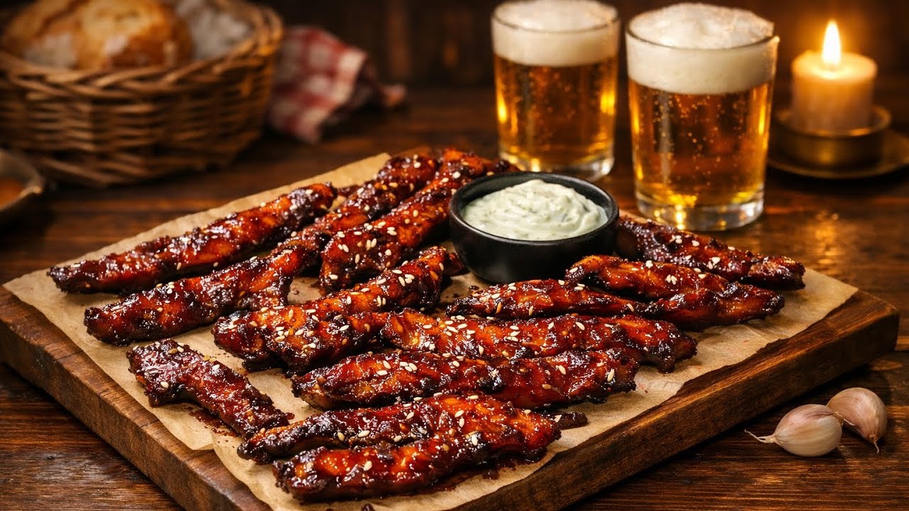 Biersnack: Hähnchenfilet in Barbecue-Soße, im Ofen in nur 30 Minuten gebacken. Schnell und lecker.