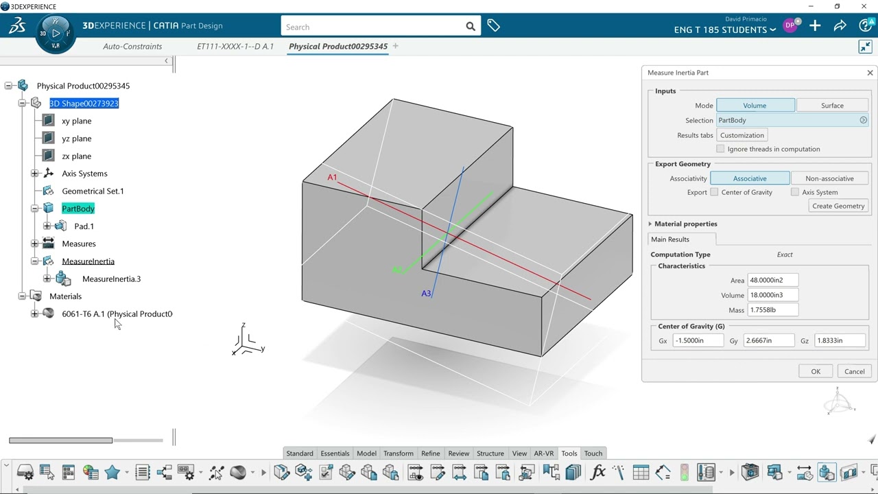 Измерение инерции, веса, центра тяжести, объема, площади, CATIA 3DX