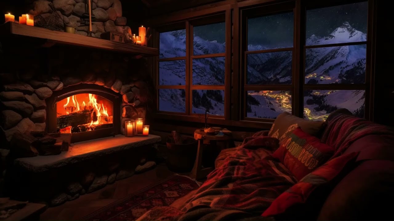 Cozy Fireplace with Snowfall Sounds – Peaceful Evening Ambience (8 Hours)