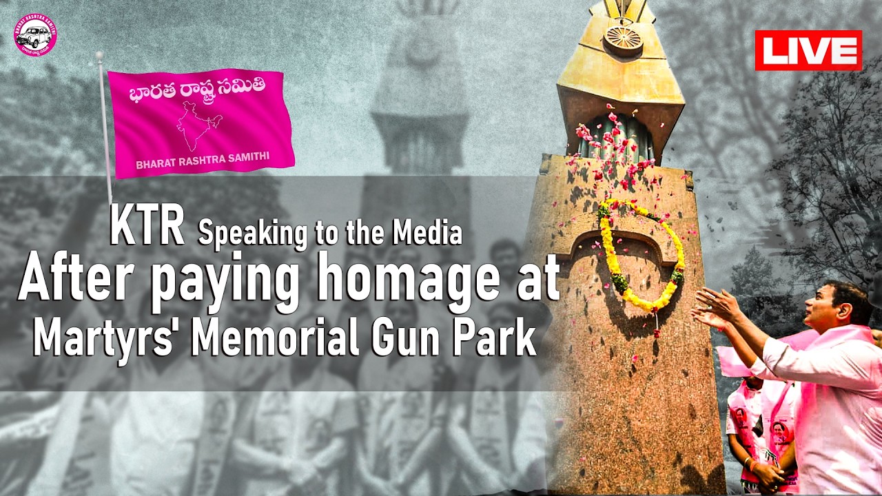 BRS Working President KTR speaking to the media after paying homage at Martyrs' Memorial Gun Park.