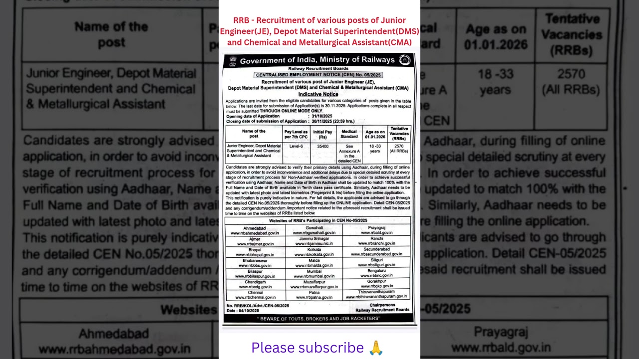 RRB - Recruitment of various posts of Junior Engineer(JE), Depot Material Superintendent(DMS)