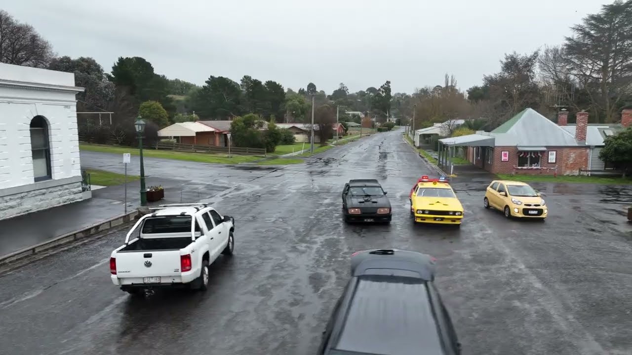 Cool drone view of Clunes with Mad Max vehicles filmed during Road To The max   Made with Clipchamp
