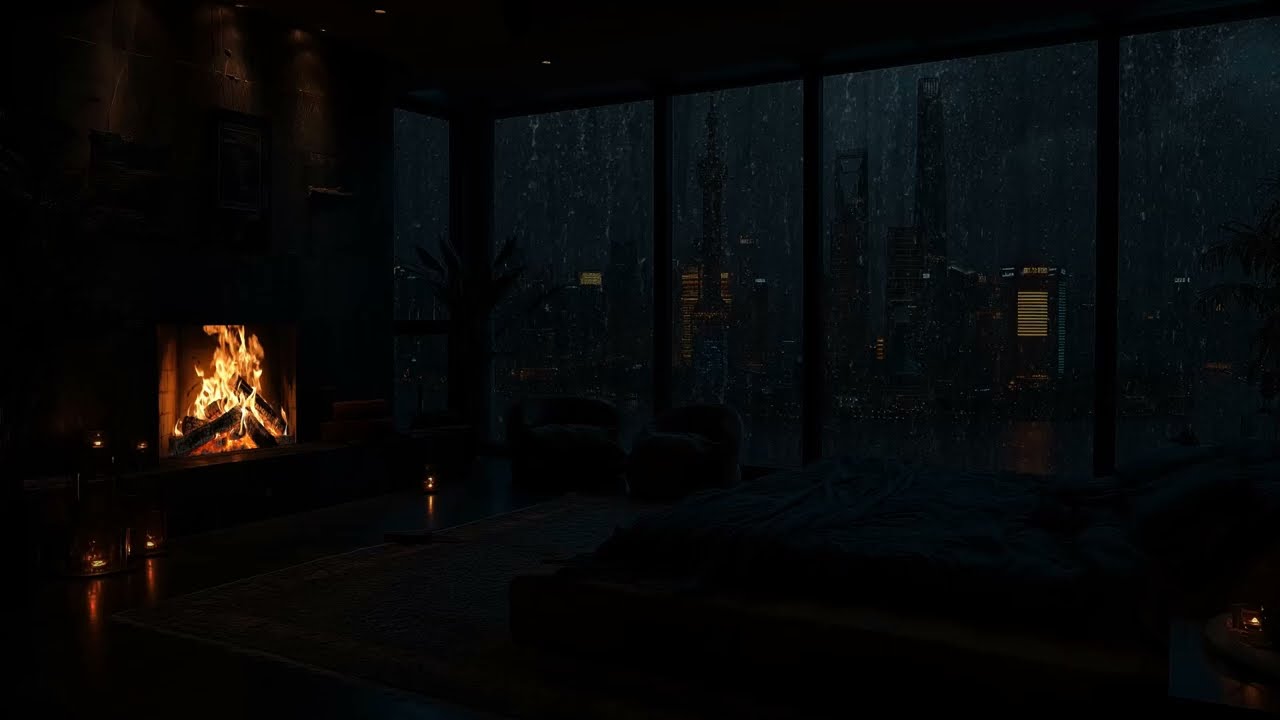 Rainy Night in a Luxury Cabin⛈️Fireplace Soudds, Heavy Rain & Thunderstorm Ambience for Sleep, Study