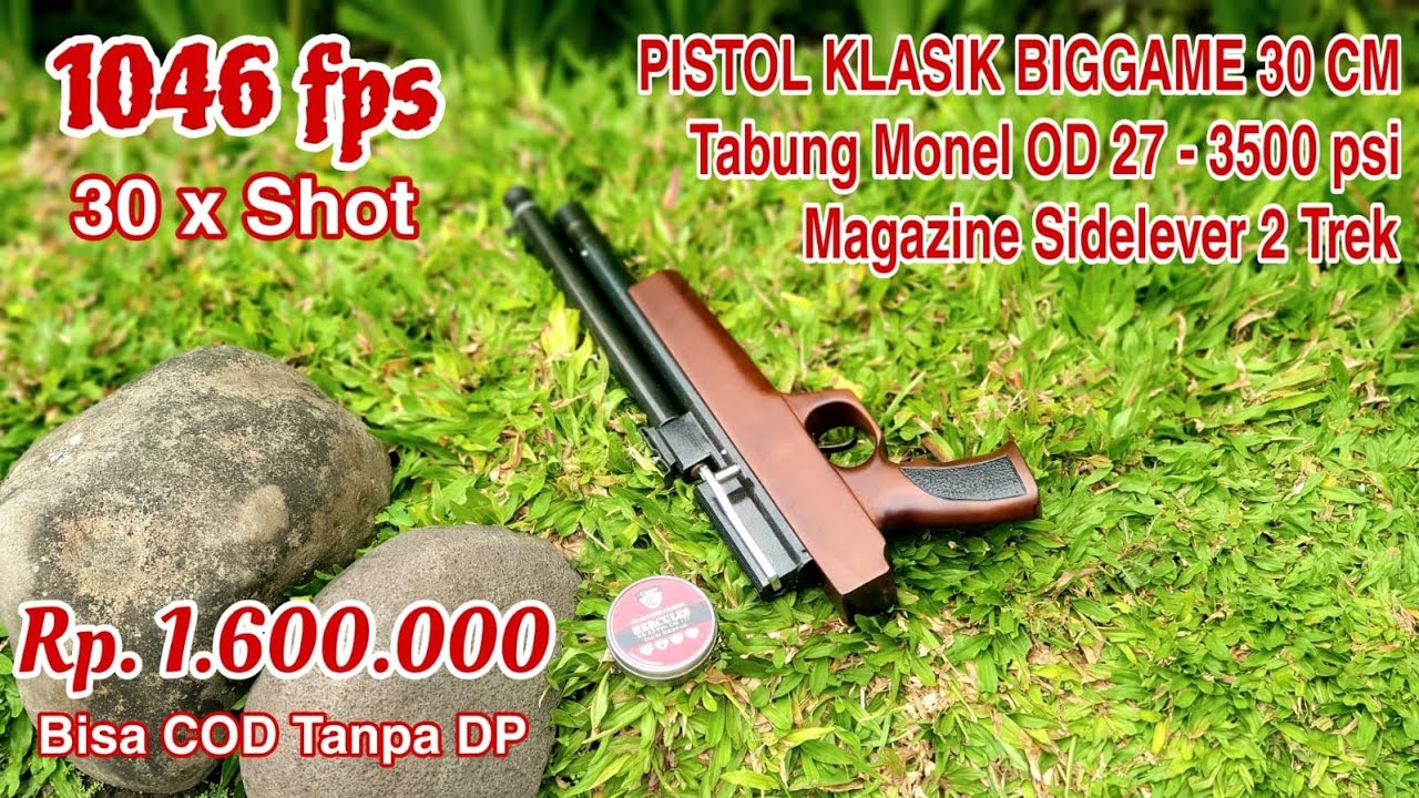 PCP PISTOL KLASIK BIGGAME 3500 PSI : Monel OD 27 Laras 30 cm, Magazine Sidelever 2 Trek