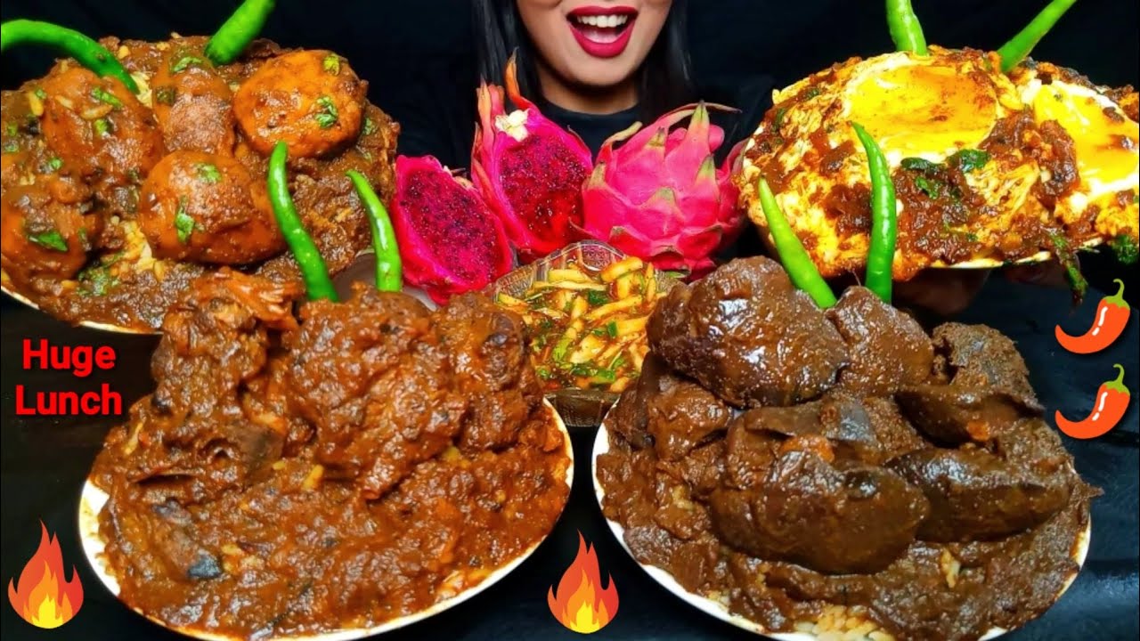 ASMR:HUGE LUNCH|SPICY MUTTON,CHICKEN LIVER,SUNNY SIDE UP EGG & POTATO CURRY,RICE,DRAGON#hungrygirl