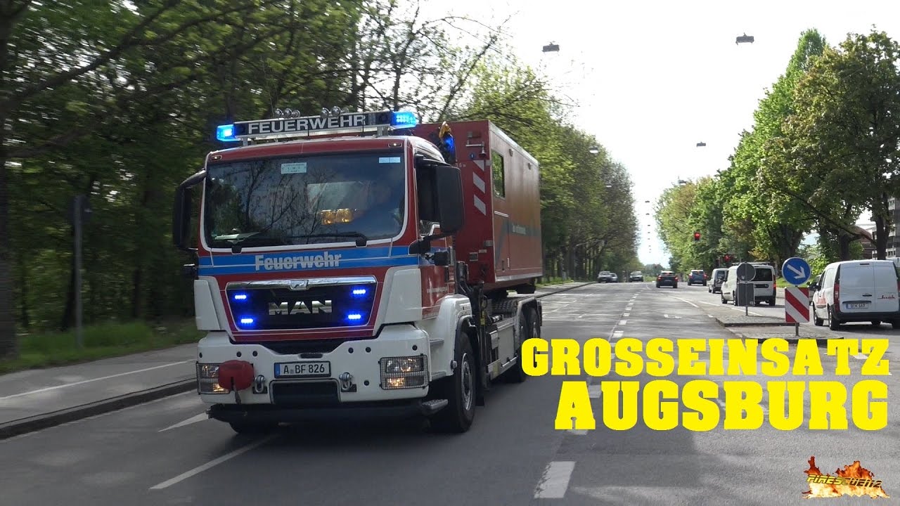 [Großalarm in Augsburg] - Einsatzfahrten Feuerwehr (Wachen 1 & 2), Rettungsdienst & Polizei