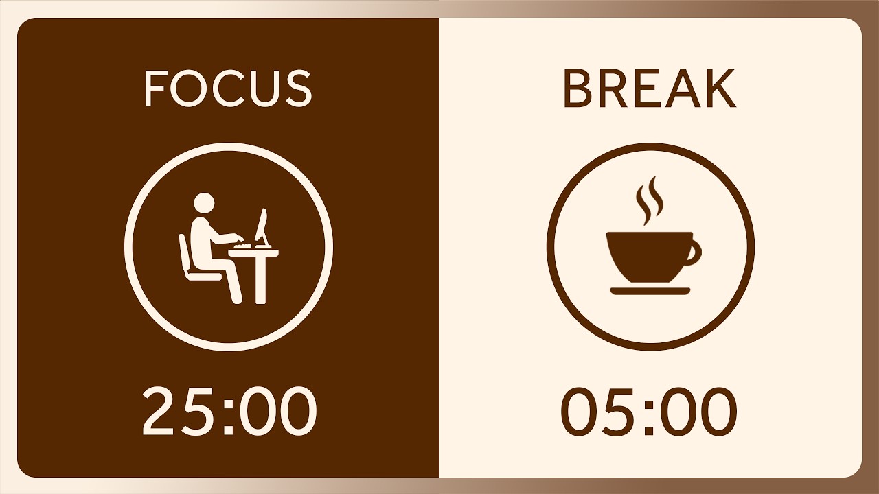 25/5 Pomodoro Timer with Brown Noise | 4 Hours Focus Session | Get Focused & Stay Productive