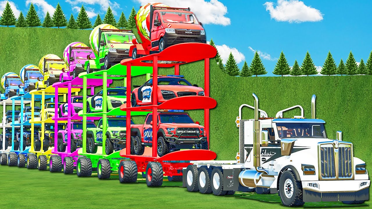 LONG CONVOY OVERSIZED TRANSPORT POLICE, MINI CEMENT MIXERS, FIRE DEPARTMENT, AMBULANCE! FS 25