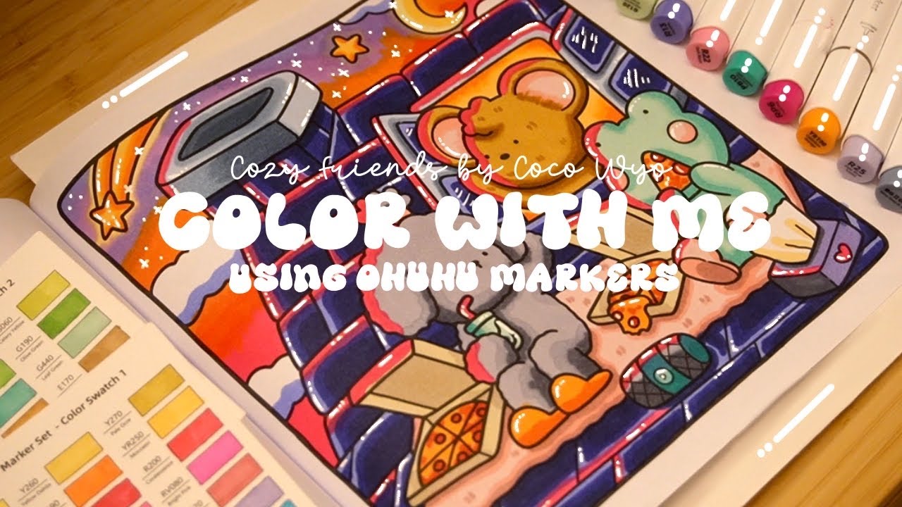 Color with me (ASMR)🍕🌇  'Cozy Friends' by Coco Wyo using Ohuhu markers 🌱✏️ #adultcoloring #asmr