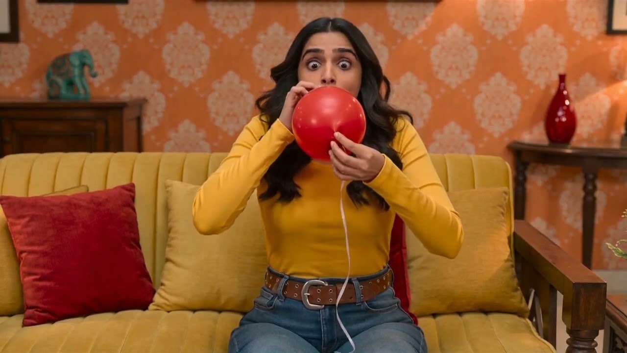 Female blow to pop balloon (AI video)