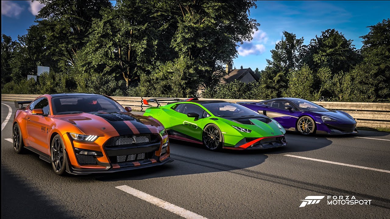 Forza Motorsport Drag race: Ford Shelby GT500 vs Lamborghini Huracan STO vs McLaren 600LT