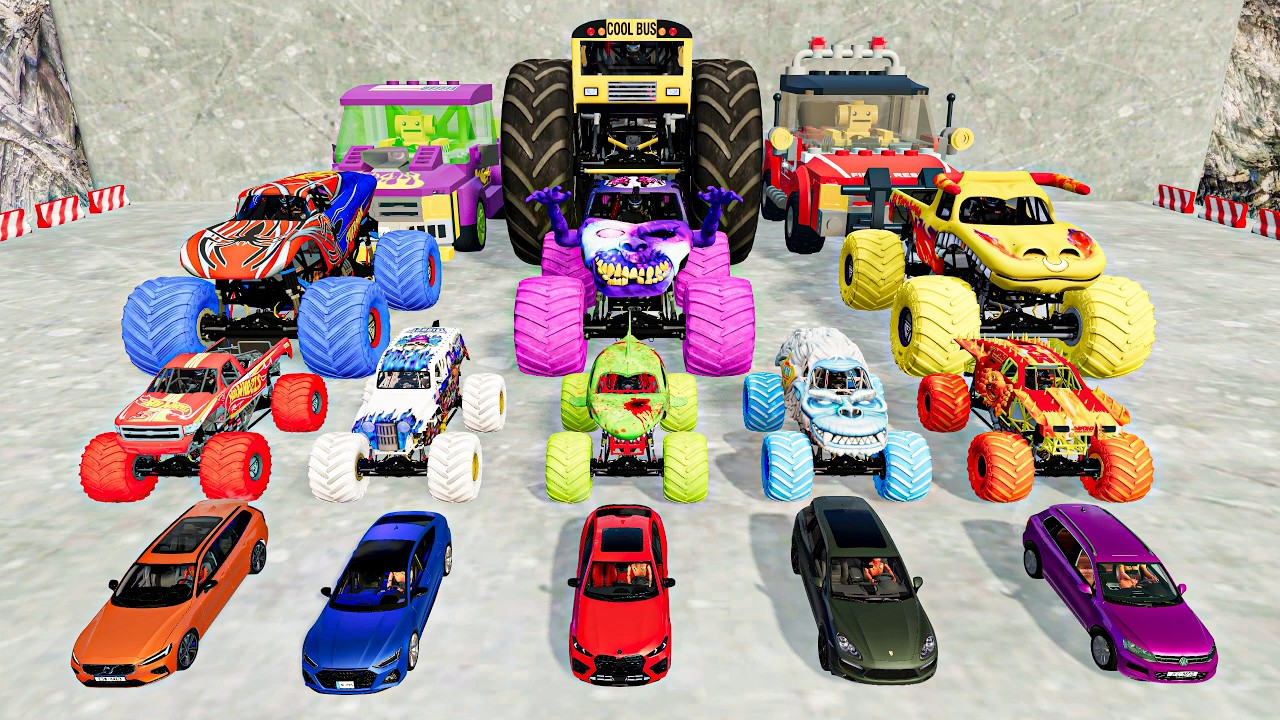Big and small cars and monster trucks fly through horse jumping obstacles