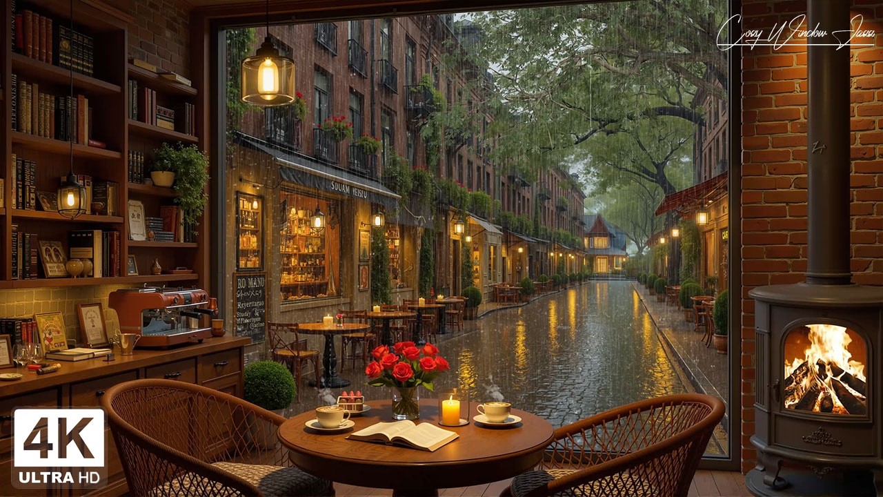 Rainy Spring European Coffee Shop Jazz ☕ Cozy Fireplace Sounds for Study & Deep Focus