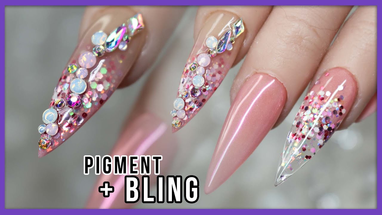 Soft PINK Neutral Acrylic nails with Pearl Pigment, BLING + Glass Tips