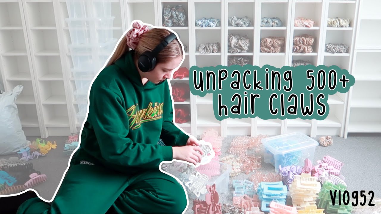 unpacking 500+ hair claws + Flo was sent treats! studio vlog organising claw wall, MASSIVE ONES V52