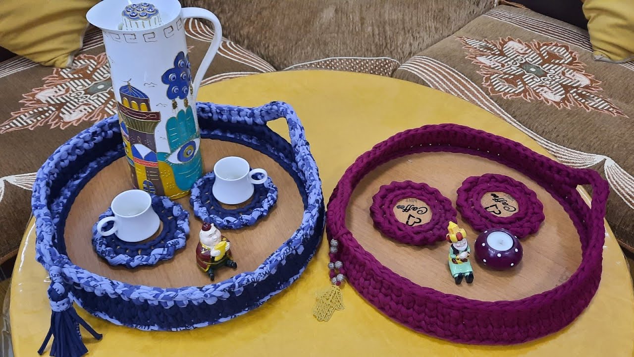 كروشيه صينيه بخيط الكليم وقاعده خشب أعمال يدوية DIY زيني بيتك باعمال من صنع يديك