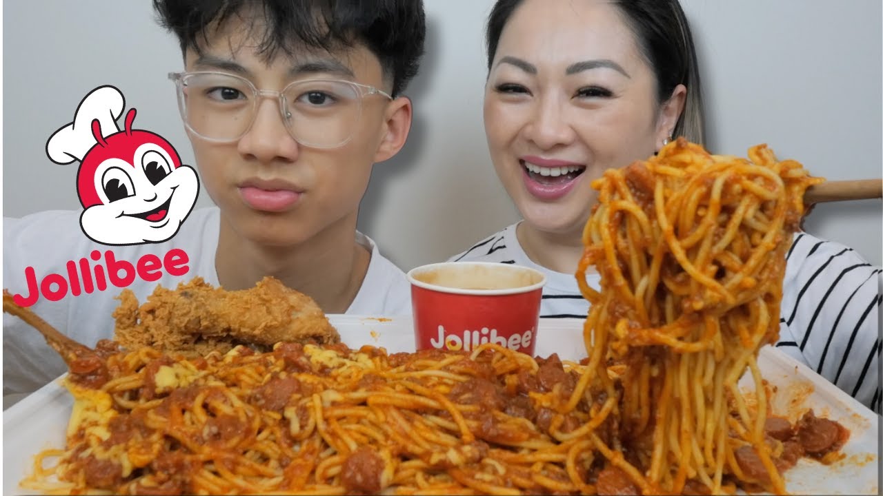 Family size Jollibee Spaghetti with Jollibee's Chickenjoy and Mango Peach Pie| N.E Let's Eat