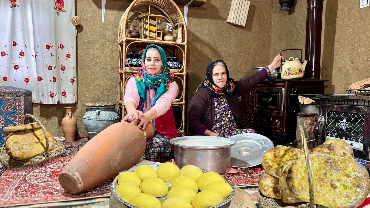 Daily Village Life in Iran | Preparing Organic Butter and  Cooking Smoked Fish Omelette