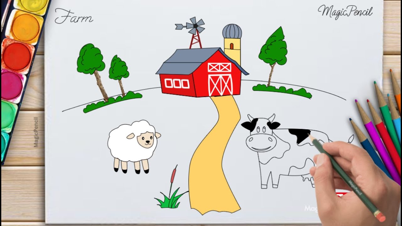 How to draw a farm step by step with animals - Magic Pencil Drawings